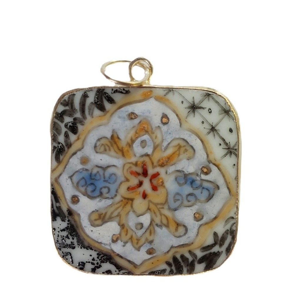 Hand Painted Talavera Tile Pendant Vintage Ceramic Floral Mandala Focal Jewelry